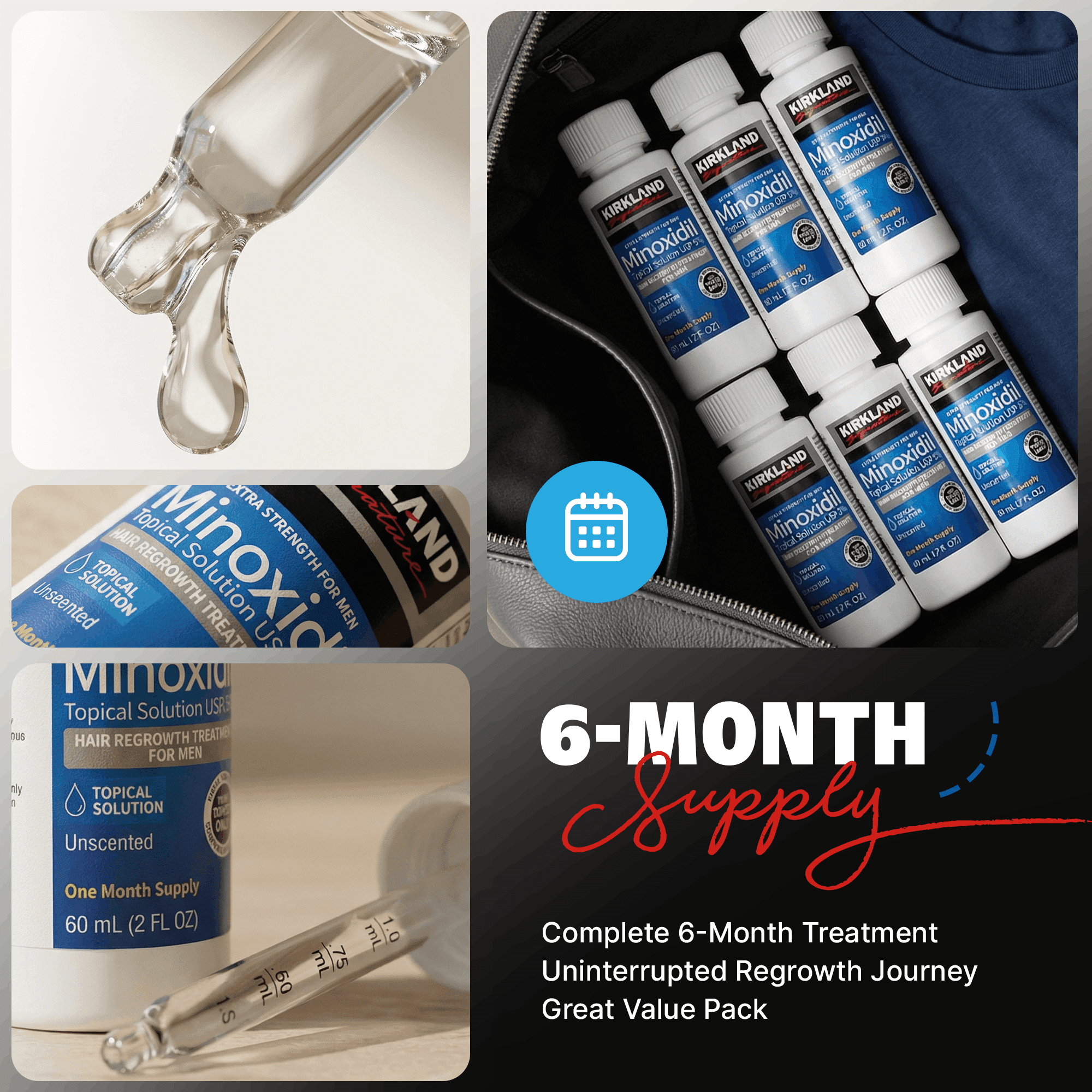 Kirkland Minoxidil 5% for Men, Topical Solution Extra Strength Hair Regrowth Treatment, 6 Months Supply, Total 12 Fl Oz, Premium Dropper Applicator, Exclusive Comb and Bonus Free Guide Included