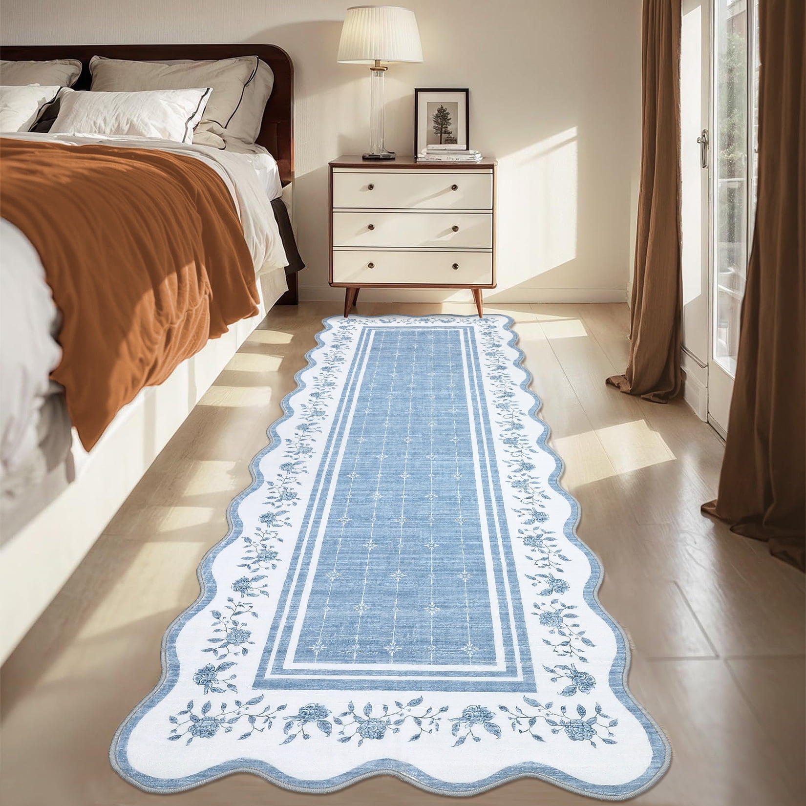 2x6 Runner Rug Scalloped Kitchen Runner Rug Non Slip Washable Entryway Runners Modern Bordered Foldable Thin Accent Carpet Low Pile Soft Nursery Rugs