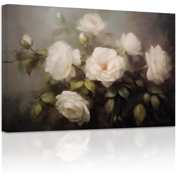ZHONGYUTONG Rose Flower Canvas Wall Art Vintage White Rose Floral Painting Prints Elegant Blooming Botanical Pictures Artwork Home Decor Framed (28.00" x 42.00")
