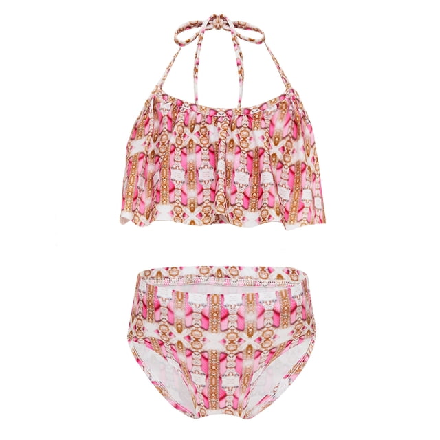 TiaoBug Girls 2 Pcs Mermaid Bikini Sets Shiny Halter Ruffles Crop Top with Triangle Brief Bathing Suit Tankini Light Red A 140