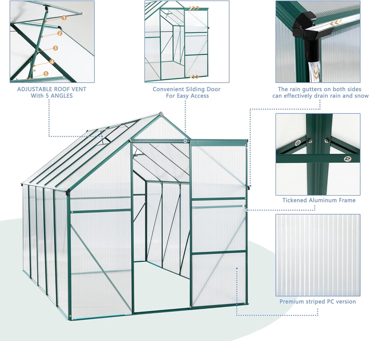 Garvee Greenhouses for Outdoors Walk in Greenhouse with Adjustable Roof Sliding Door Drainage System and Galvanized Base Rust-Proof Greenhouse for Backyard Black 6x10 Ft