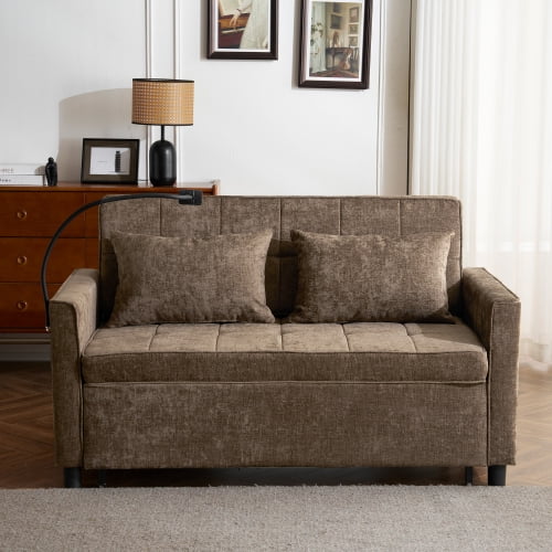 56.9" Loveseat Pull-Out Sofa Bed, Convertible Sleeper Sofa with Reversible Backrest, USB Ports & Phone Holder, Chenille Couch for Living Room, Brown