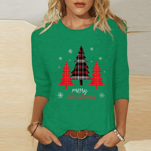 HOMBOM Womens Green Shirts Plus Size Christmas Pullover Graphic Reindeer 3/4 Sleeve Crewneck Tee Shirts for Female Xmas