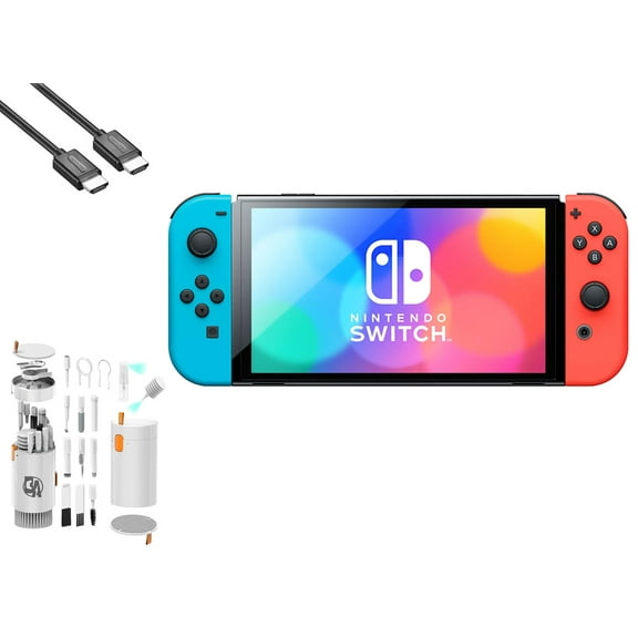 Pre-Owned Nintendo Switch OLED Model Neon Blue/Neon Red Set with BOLT AXTION Cleaning Kit HDMI Bundle