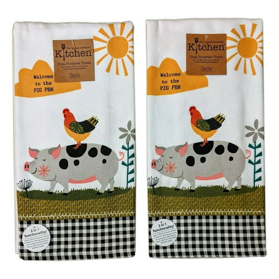 Set of 2 FARM CHARM Pig & Rooster Terry Kitchen Towels by Kay Dee Designs
