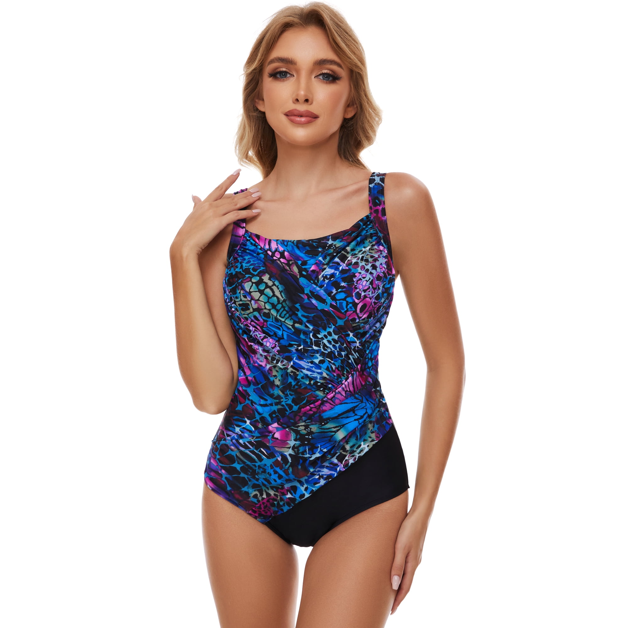 BIMEI Women s One Piece Mastectomy Swimwear Pocketed Swimsuit Tummy Control Bathing Suits 2408 Blue SIZE 12 Walmart