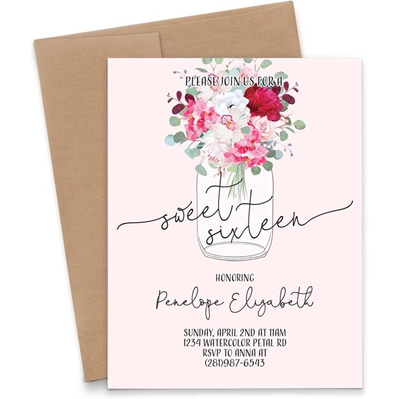 Sweet 16 Invitations with Envelopes, Sweet 16 Invites, Mason Jar with Florals 16th Birthday Invitations for Girls, Your choice of Quantity, Info and Envelope Color