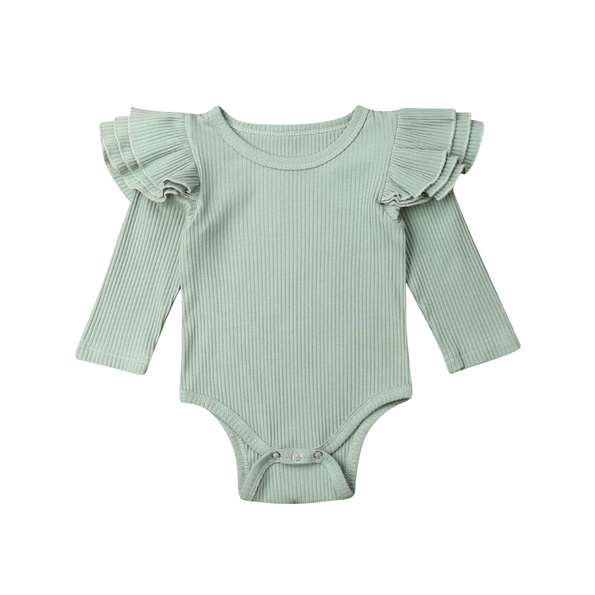 0-24M Infant Baby Girl Solid Linen Ruffle Long Sleeve Romper Bodysuit Top Blouse 