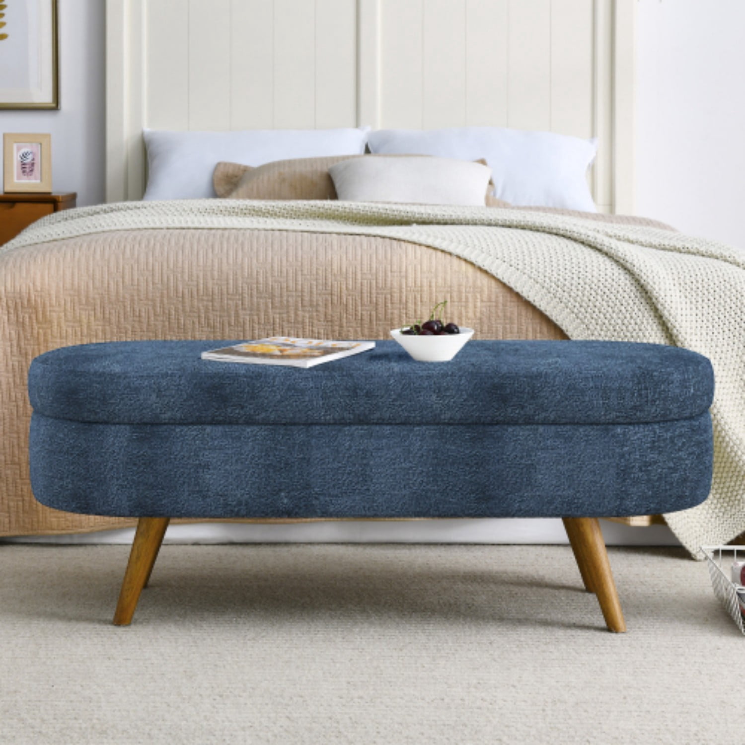 44" Oval Storage Ottoman Bench with Hidden Storage, Upholstered Fabric Ottoman Bench with Rubber Wood Legs for Bedroom, Entryway, Living Room, Dark Blue