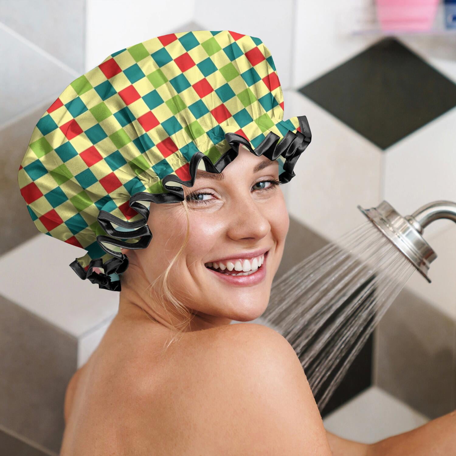 Shower Caps,Multi Color Checkerboard Checkered Pattern Waterproof Shower Cap for Women 4 Pieces,Double Reusable Hair Cover for Shower PEVA Elastic Stretch Hem