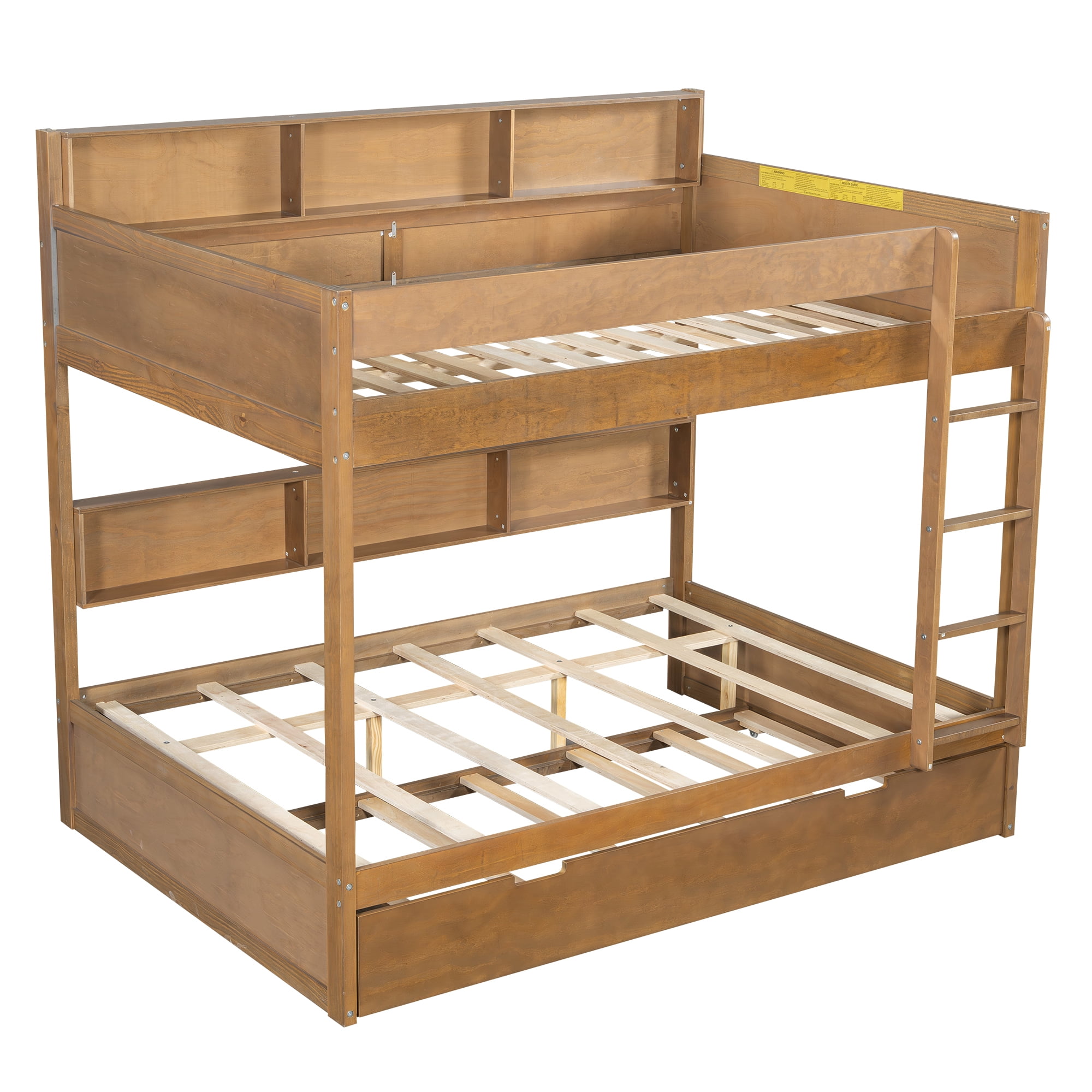 Euroco Wood Full over Full Bunk Bed with Storage Shelves and Trundle, Antique Wood