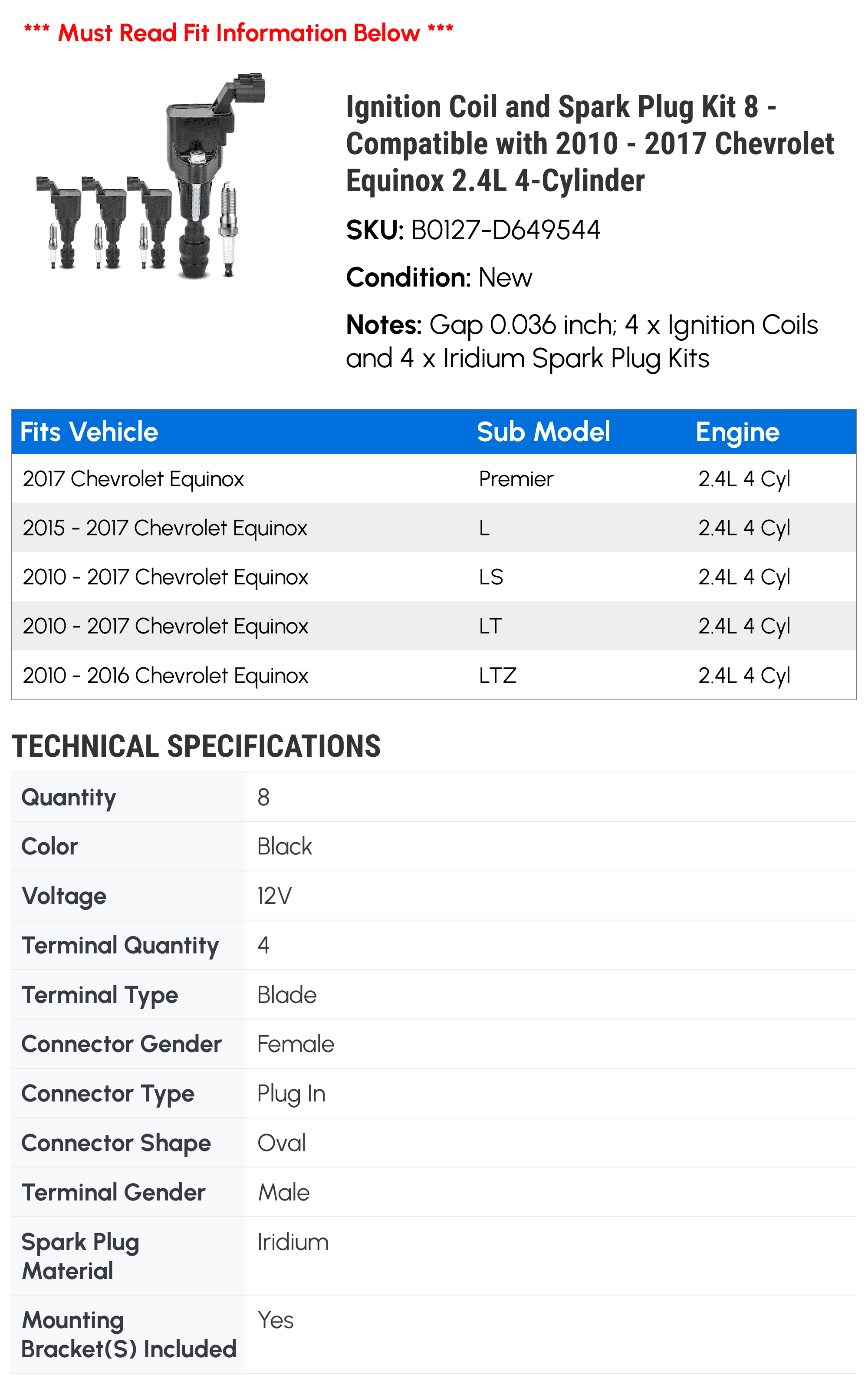 Ignition Coil and Spark Plug Kit 8 - Compatible with 2010 - 2017 Chevrolet Equinox 2.4L 4-Cylinder - Autopart Premium