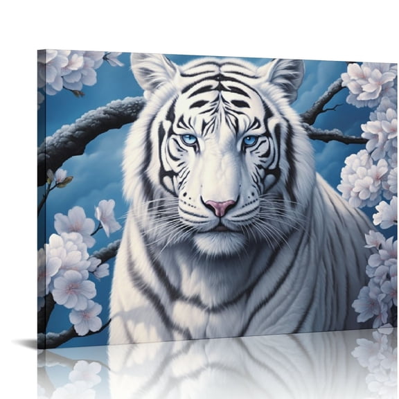 QZHH White Tiger Wall Art Tiger Face Portrait Framed Canvas Print Wall Art Flower Tiger Teen Girls Art for Living Room Home Bedroom Decoration Modern Framed Artwork Decor
