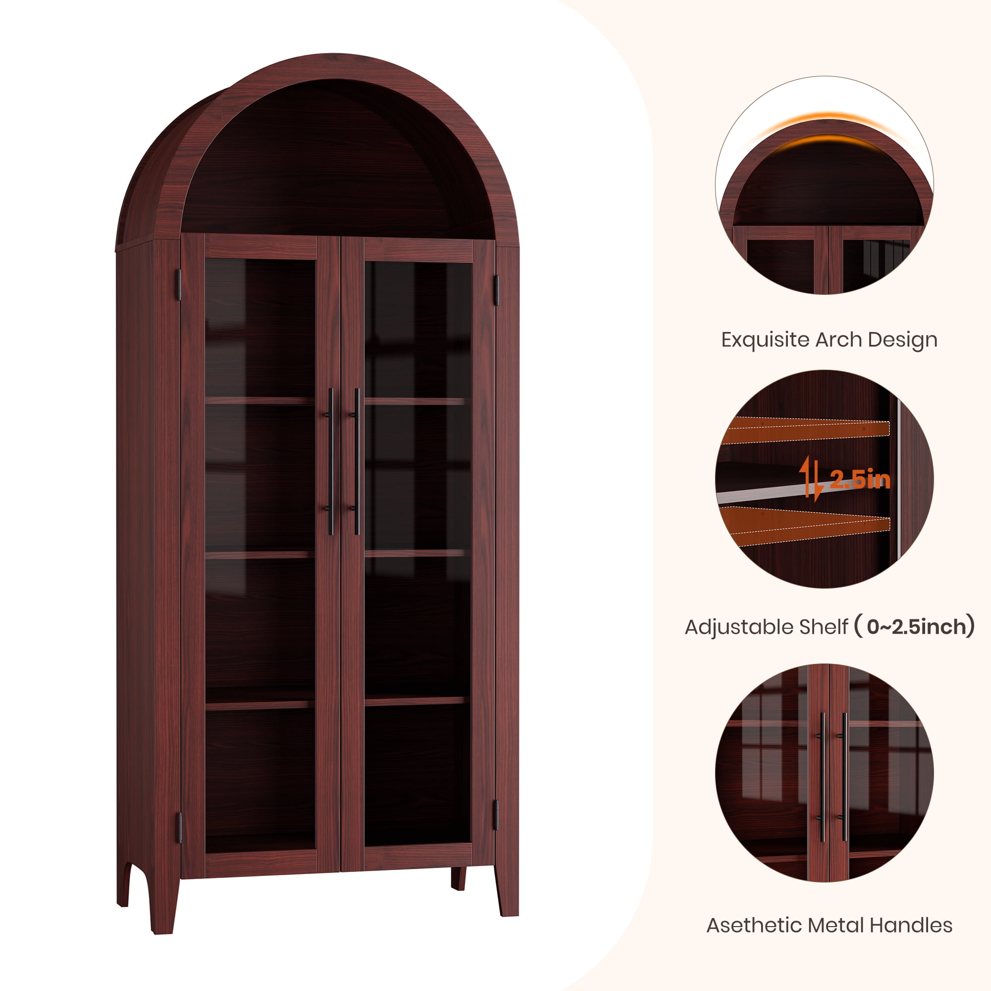 5-Tier Arched Bookcase, Bookshelf with Glass Door, Display Cabinet with Adjustable Shelves, Tall Storage Cabinet for Living Room, Modern Bookcase for Bedroom/Living Room/Home Office