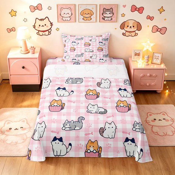 Manfei Kitten Cat Cat Twin Sheets, Cartoon Grid Bedding, Pink White, 3 Pieces, 1 Flat Sheet, 1 Fitted Sheet and 1 Pillowcase
