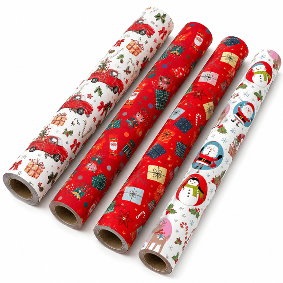 4 Rolls Christmas Wrapping Paper, Coated Paper Assorted Holiday Gift Print