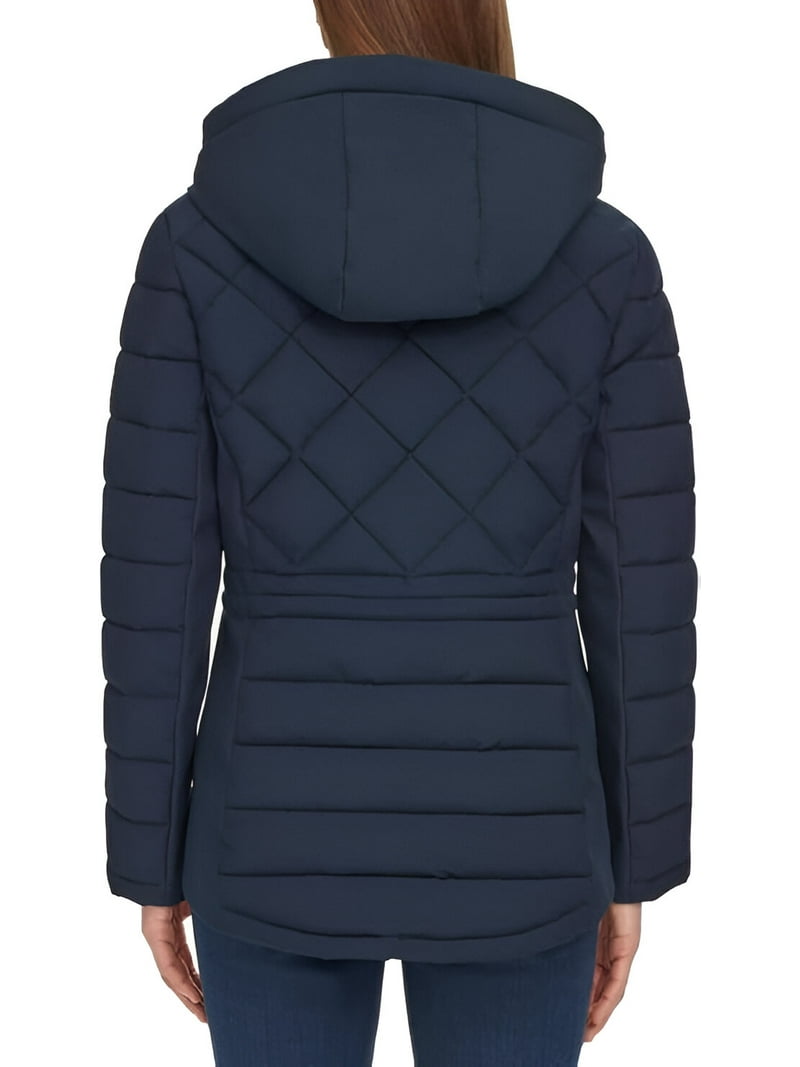 Tommy Hilfiger Women's Hooded Stretch Shell Quilted Jacket Winter Coat  for Women Outwear with Pockets (Blue,Medium)