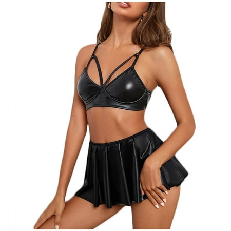 

FREE SHIPPING-Versatile Stretchy Flared CasualSexy Underwear Black Patent Leather Sexy Bra Skirt Two Piece Set skirts for women midi skater tennis skirt Black