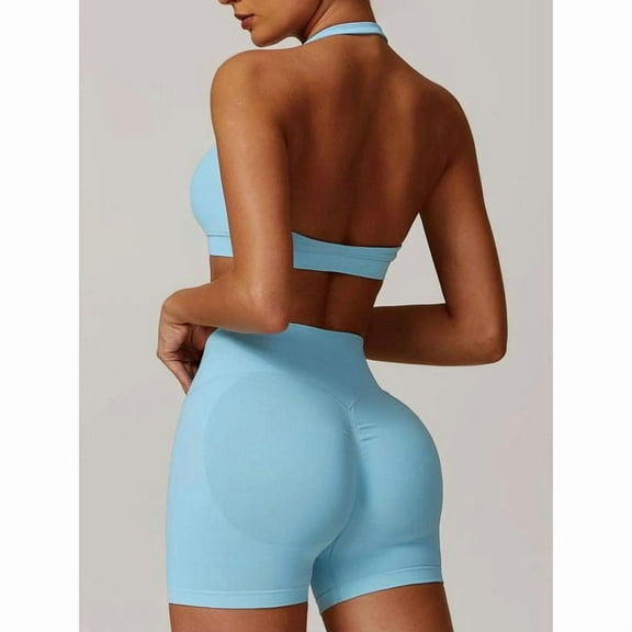 AEXTO Women's Solid Backless Halter Crop Top & High Waist Shorts Workout Gym Yoga Set, Sporty Breathable Comfy Fitness Outfits for Women, Ladies Gym Clothes, Activewear, Valentine's Day Gift
