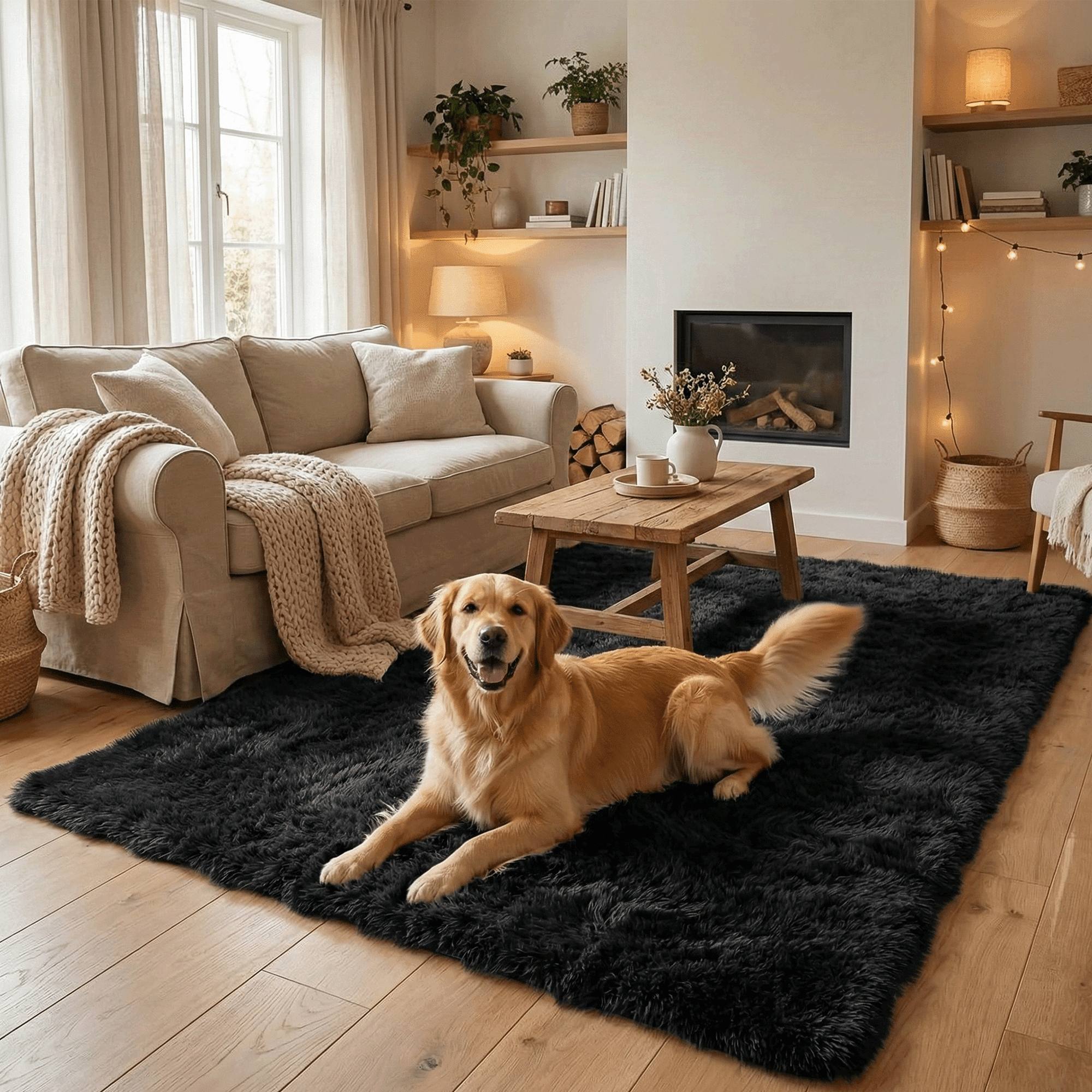 Rugs for Living Room, 4'x6' Soft Fluffy Area Rug for Bedroom, Plush Decorative Rug with Anti-Skid Backing, Indoor Home Carpet for Living Room, Black