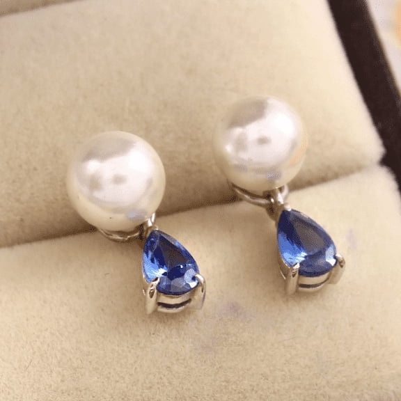 Blue Sapphire & Fresh Water Pearl Stud, Handmade Silver Stud, Fresh Pearl Earring, Gift For her, Gift for Mom.