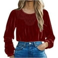 thumbnail image 2 of YFNNUP Lace Patchwork Long Sleeve Velvet Blouses for Women Round Neck Casual Comfy Spring Tops Solid Color Pleated Velour Work Office Shirts, 2 of 7