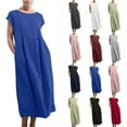 thumbnail image 7 of Wycnly Dresses for Women 2024 Casual Pocket Soft Cotton Linen Plus Size Maxi Dresses Short Sleeve Round Neck Solid Summer Long Sun Dress Blue XL Clothes, 7 of 7