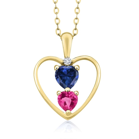 18K Yellow Gold Plated Silver Blue Created Sapphire Pink Created Sapphire and White Diamond Pendant Necklace for Women (1.01 Cttw, Gemstone Birthstone, Heart 5MM and 4MM, with 18 inch Silver Chain)