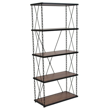 Wood Metal Bookshelf Flash Furniture Vernon Hills Collection Antique Wood Grain Finish Four Shelf Bookshelf with Chain Accent Metal Frame ()