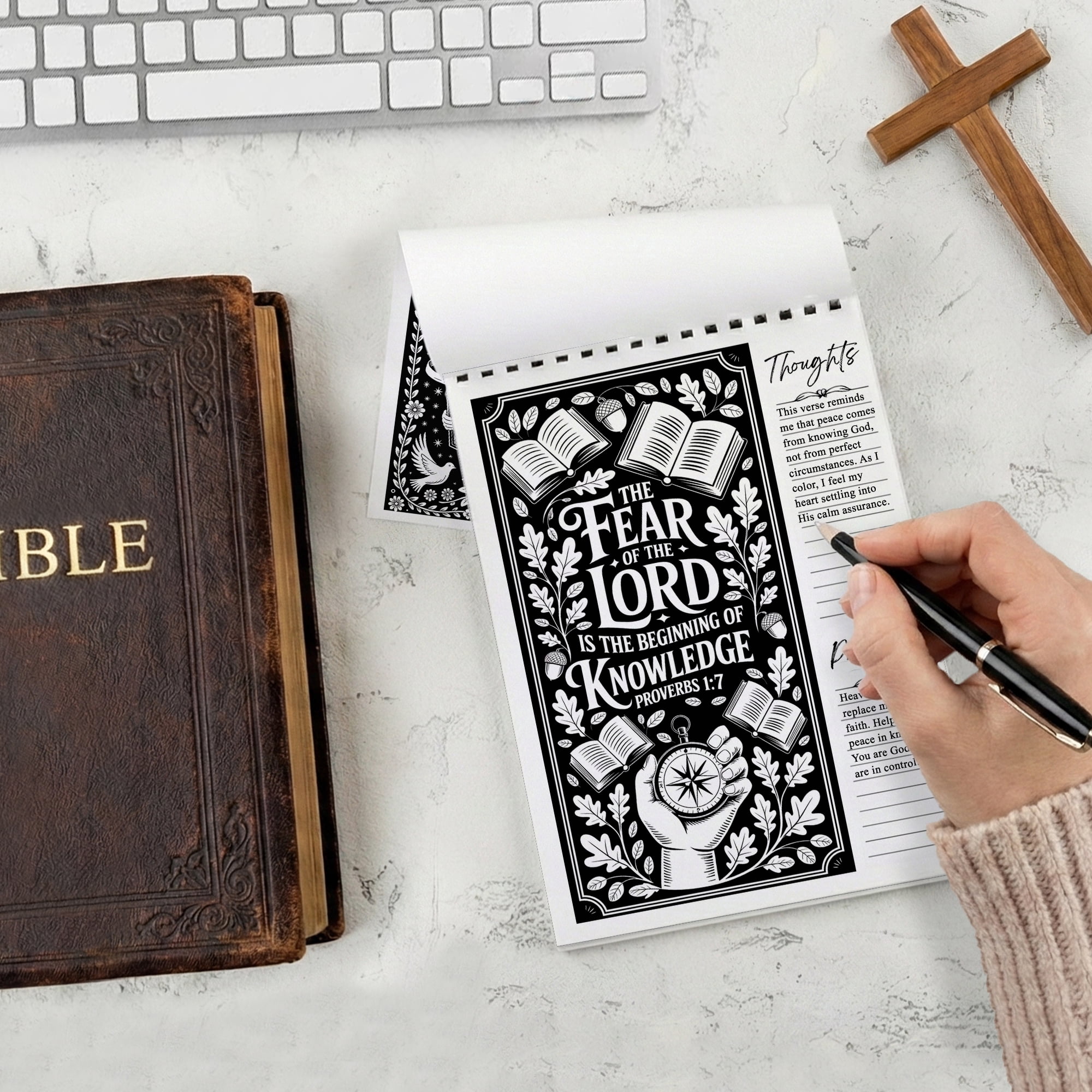 Proverbs Monochrome Coloring Book for Adults, 30 Minimalist Scripture Art Pages with Reflection & Prayer Space, Spiral Bound, A4 or A5 Softcover or Wood Cover