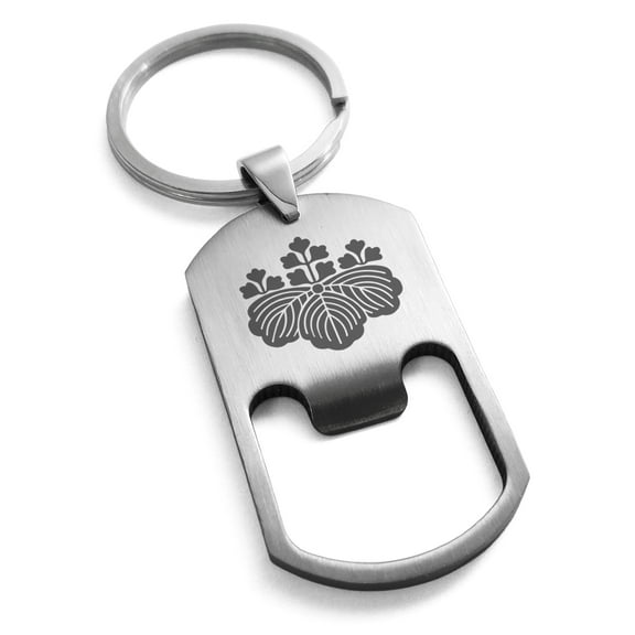 Stainless Steel Toyotomi Samurai Crest Engraved Bottle Opener Dog Tag Keychain Keyring