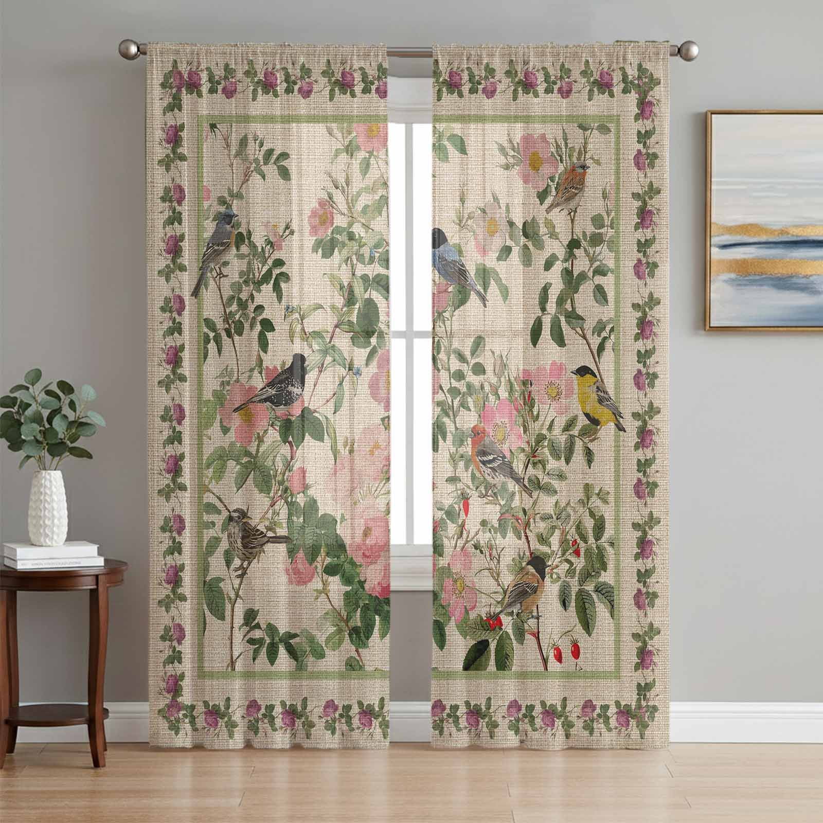 Spring Sheer Curtains 2 Panels Set Oriental Traditional Ethnic Floral Birds Retro Linen Sheer Window Curtains Light Filtering Rod Pocket Voile Drapes for Bedroom Living Room 52"X72"