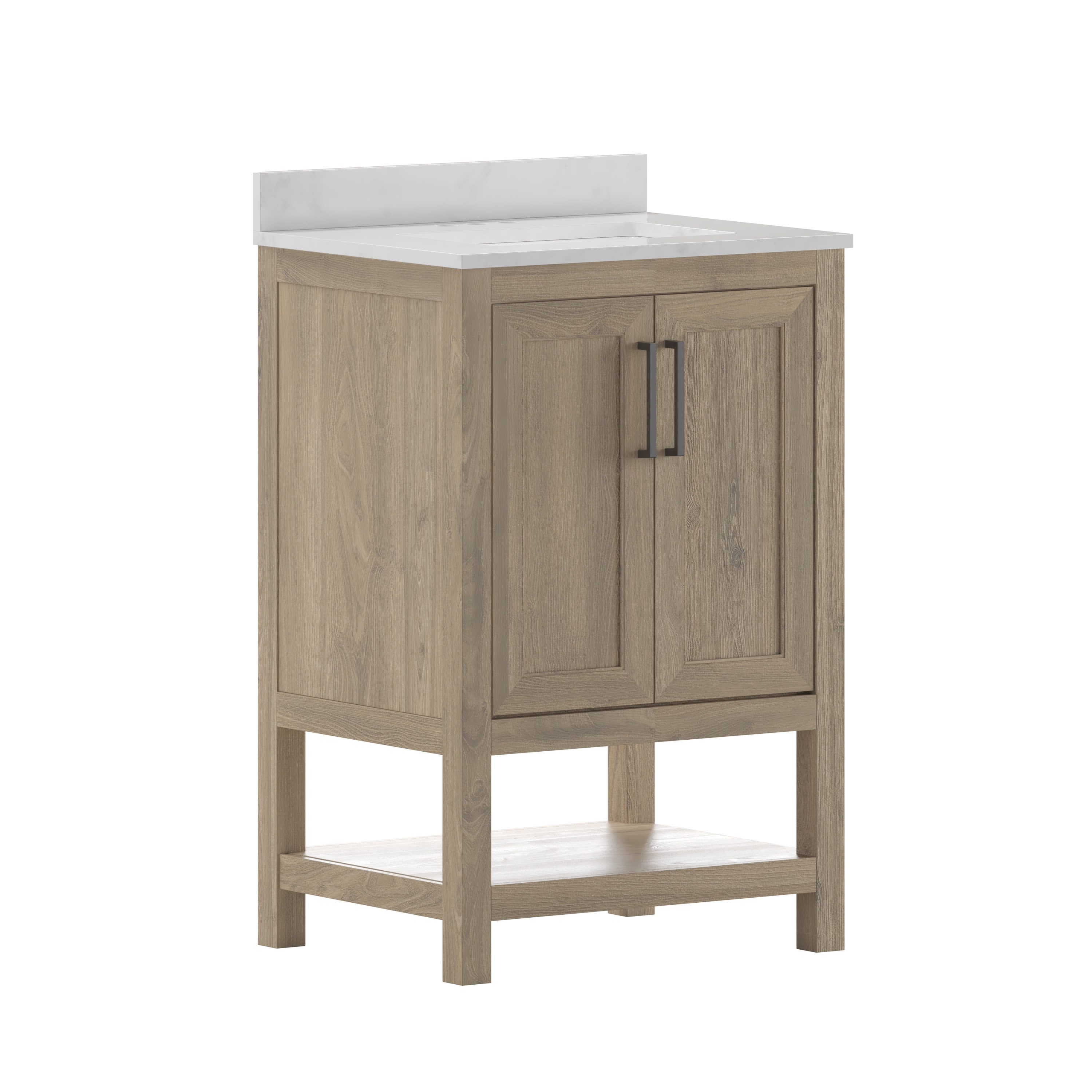 Merrick Lane 24 Inch Bathroom Vanity with Ceramic Sink, Carrara Marble Finish Countertop, Storage Cabinet with Soft Close Doors and Open Shelf in Brown
