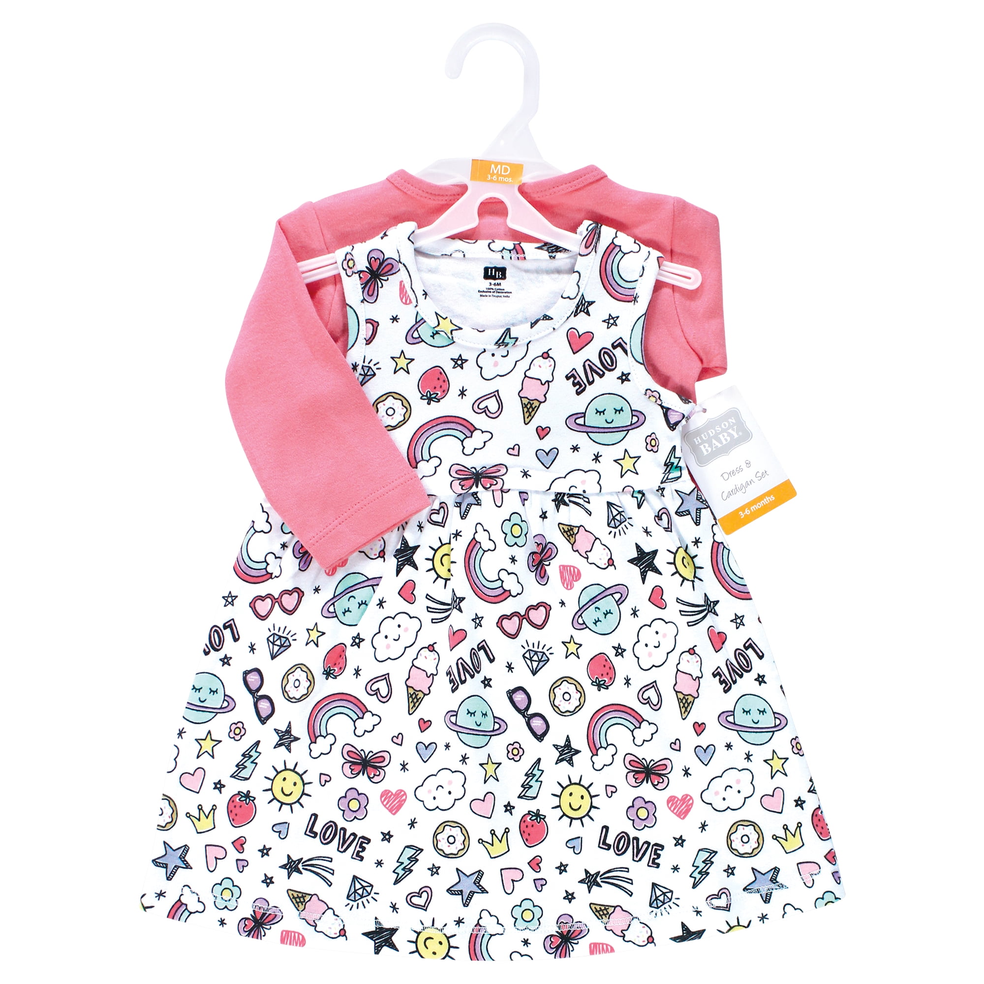 Hudson Baby Infant and Toddler Girls Cotton Dress and Cardigan Set, Pink Doodles, 4T