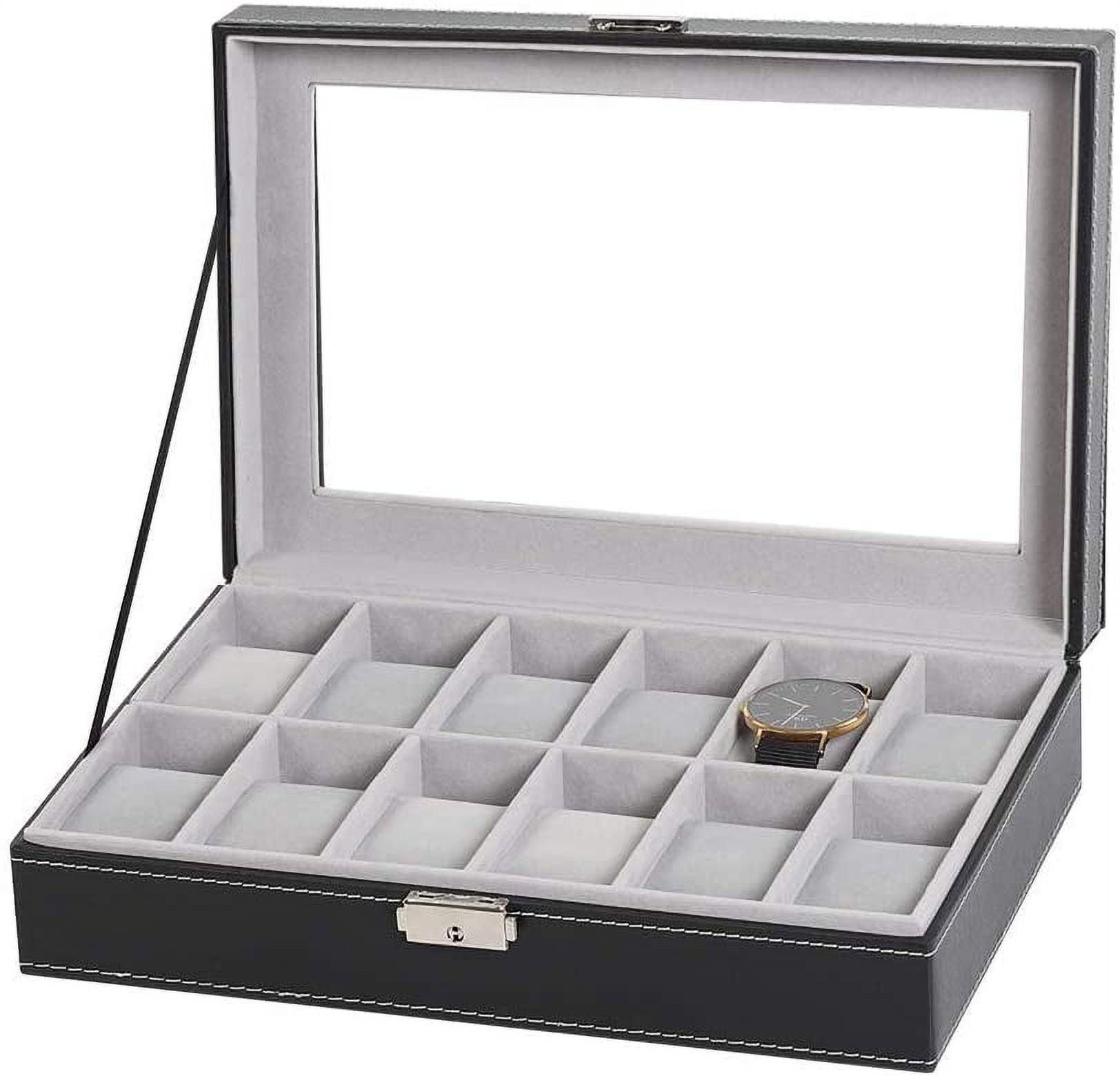 12-Slot Watch Box, Watch Organizer, Lockable Jewelry Display Case with Real Glass Top, Synthetic Leather, Black