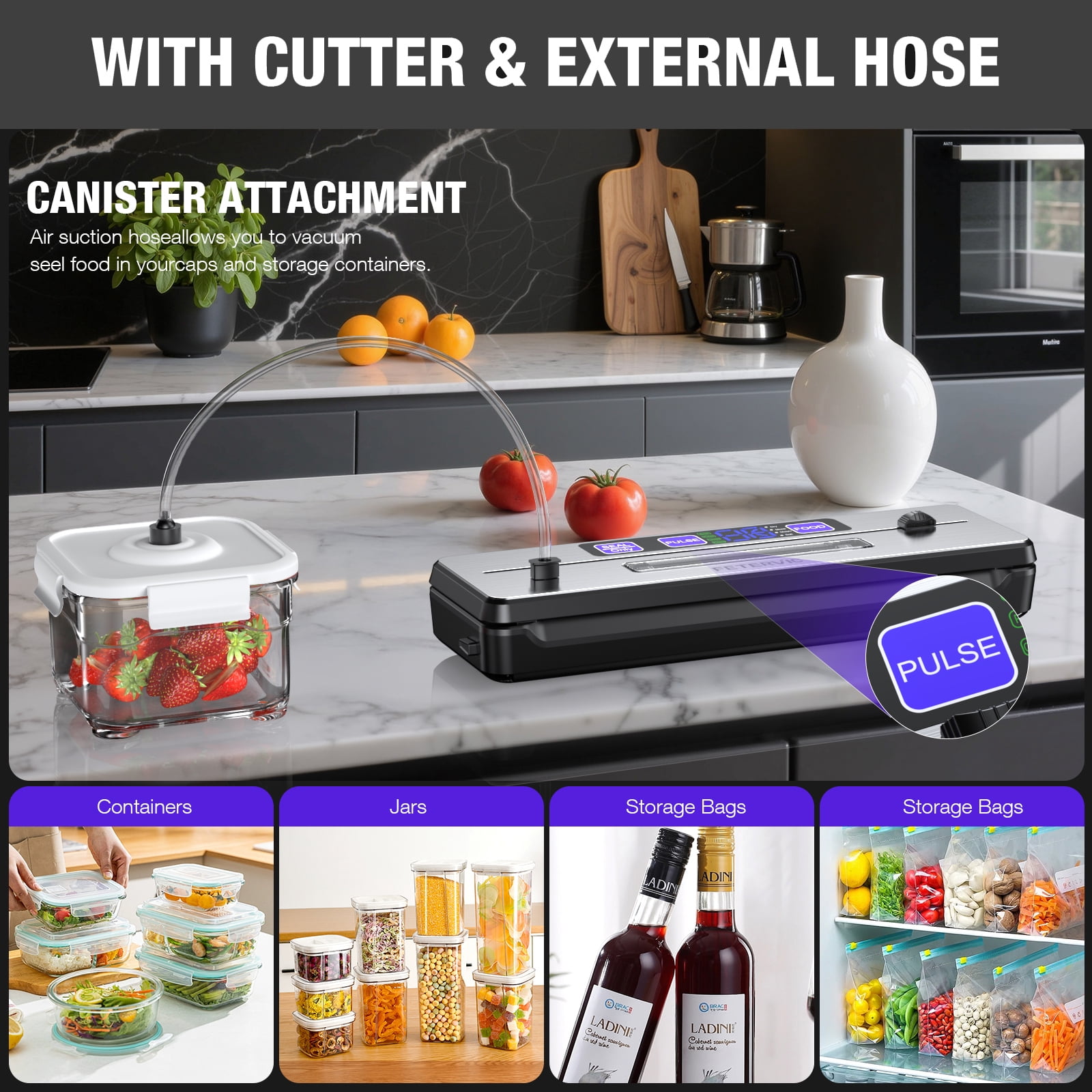 FETERVIC 8 in 1 Vacuum Sealer Machine, 90KPA 130W Sealer with Built-in Cutter, LED Display, 6 Sealing Modes, 20Pcs Seal Bags for Home Storage
