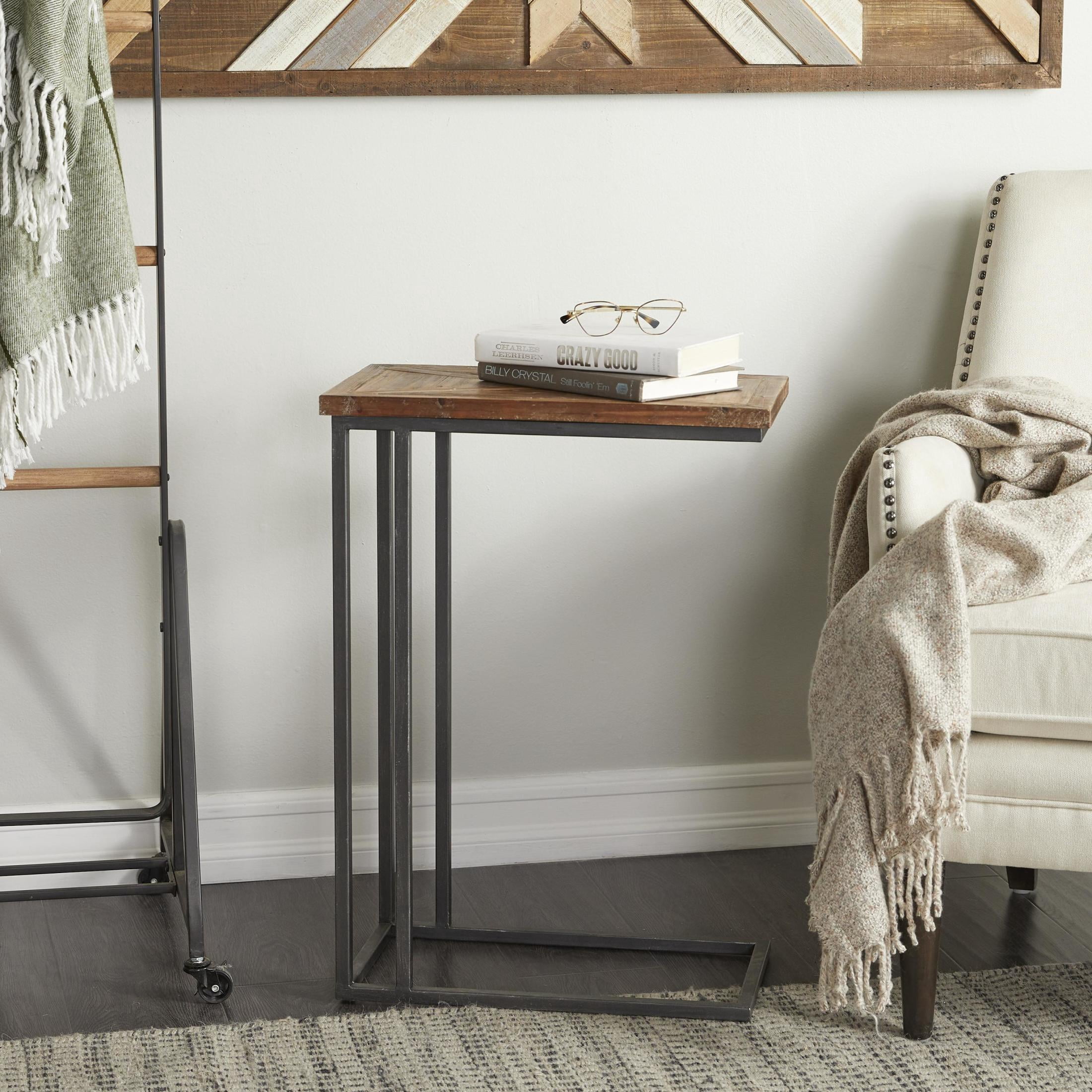 DecMode 19" x 26" Black Metal C-Shaped Accent Table with Brown Wood Top, 1-Piece