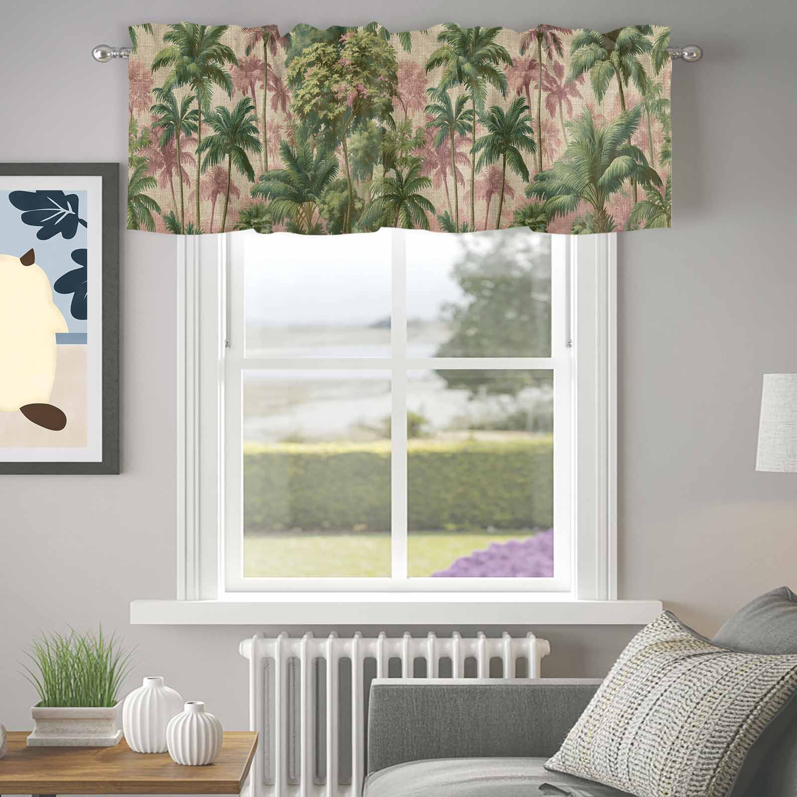 Summer Palm Tree Valances for Windows, 60x18in, Vintage Tropical Green Jungle Tree Leaf Linen Texture Rod Pocket Kitchen Valance Curtain Light Filtering Window Treatments for Living Room Bedroom