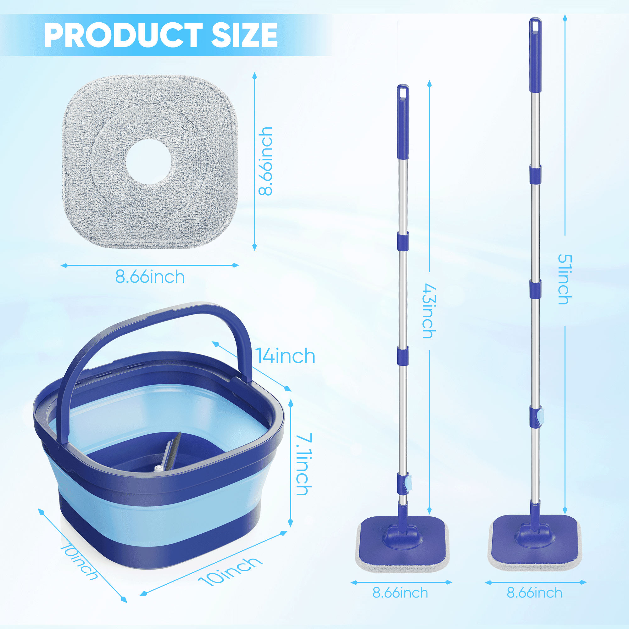 SUGARDAY Spin Mop and Bucket with Wringer Set for Floors, Collapsible Bucket with handle and Flat Wall mop with 5 Microfiber Pads