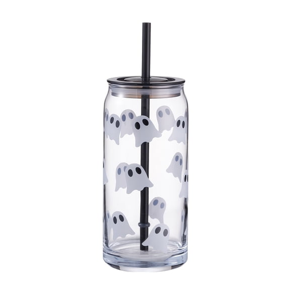 Halloween Ghost Pattern Glass Tumbler With Straw & Lid Spooky Drinking Cup For Party Home Decor(Clear-21X7.5Cm)