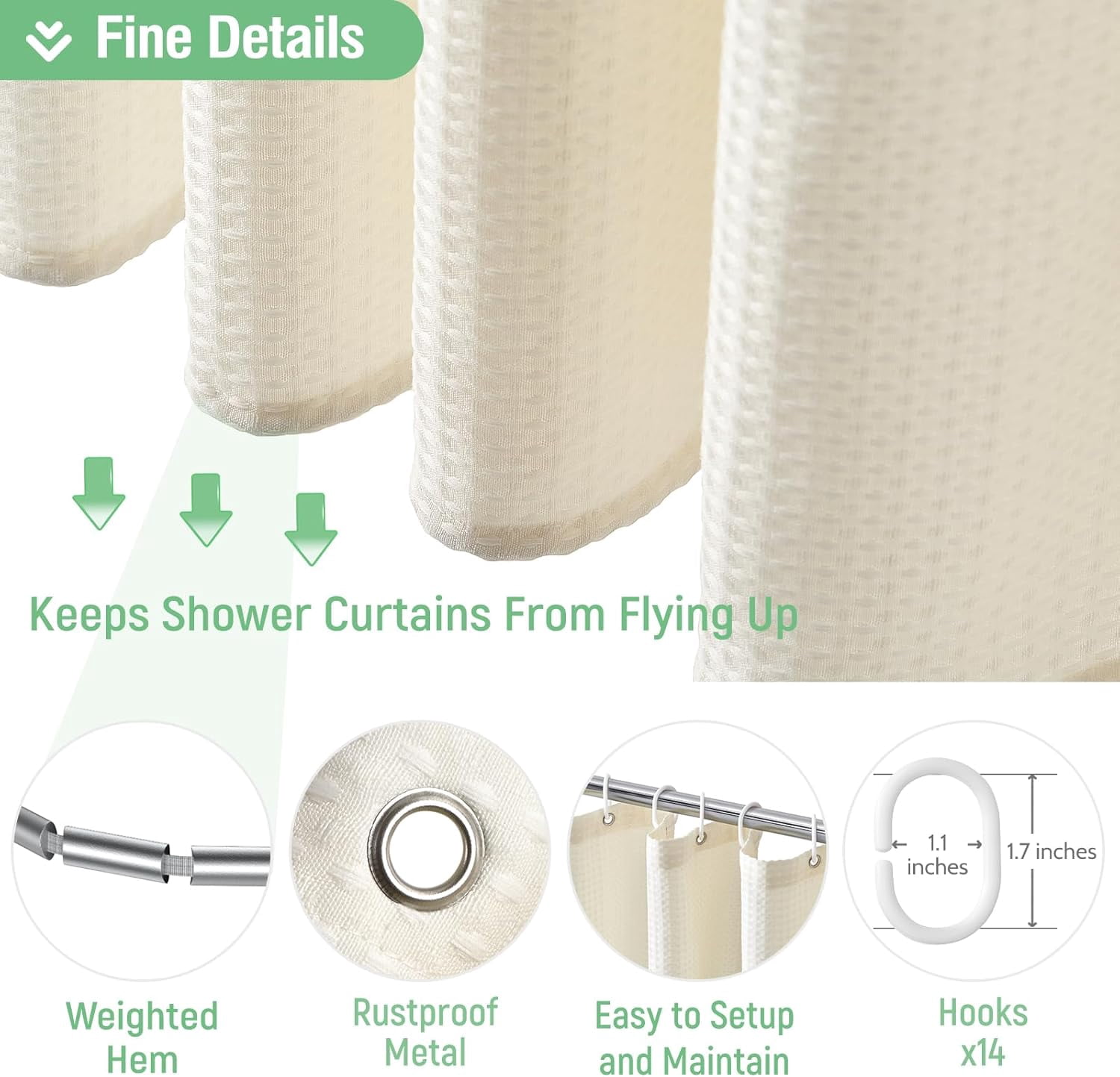 Extra Wide Shower Curtain - 84 Inch Wide Waffle Weave Weighted Thick Cloth Bathroom Shower Curtain, Neutral Heavy Duty Hotel Bath Curtain Set with 14 Plastic Hooks, 84x72, Cream/Ivory