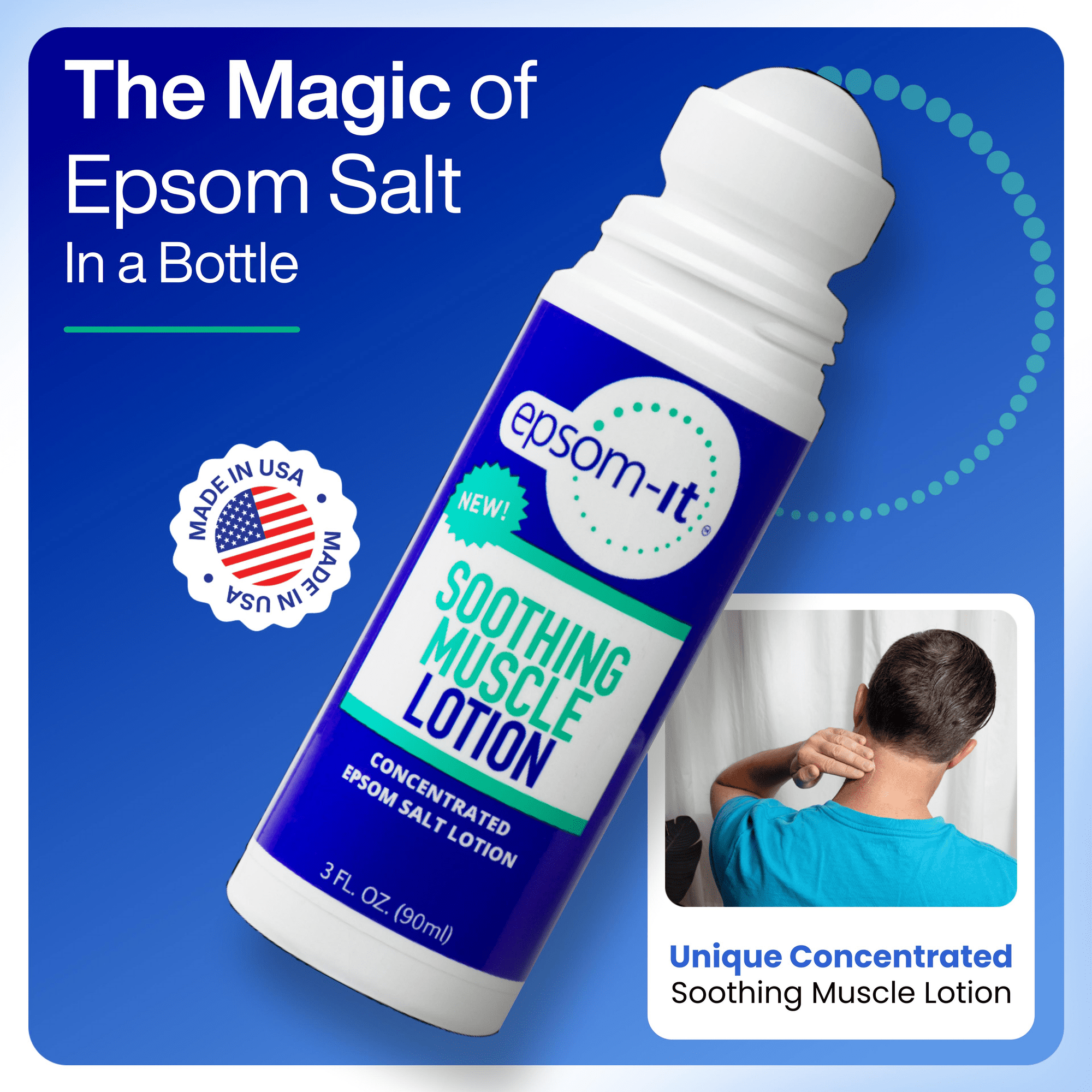 Soothing Muscle Lotion Rollerball 2 pack Epsom salt lotion fortified with Arnica. Two 3 Fl Oz Rollerball Soothes Muscle Discomfort.