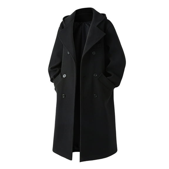 successthop Mens Wool Blend Coats Hooded Jacket with Pockets Double Breasted Clothes Long Sleeve Solid Trendy Trench 3XL