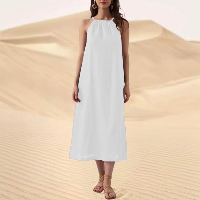 Robe Sans Manches pour Femmes, Texture en Coton et Lin, Col Halter, Coupe Ample, Robe d'Été Décontractée, Douce et Respirante