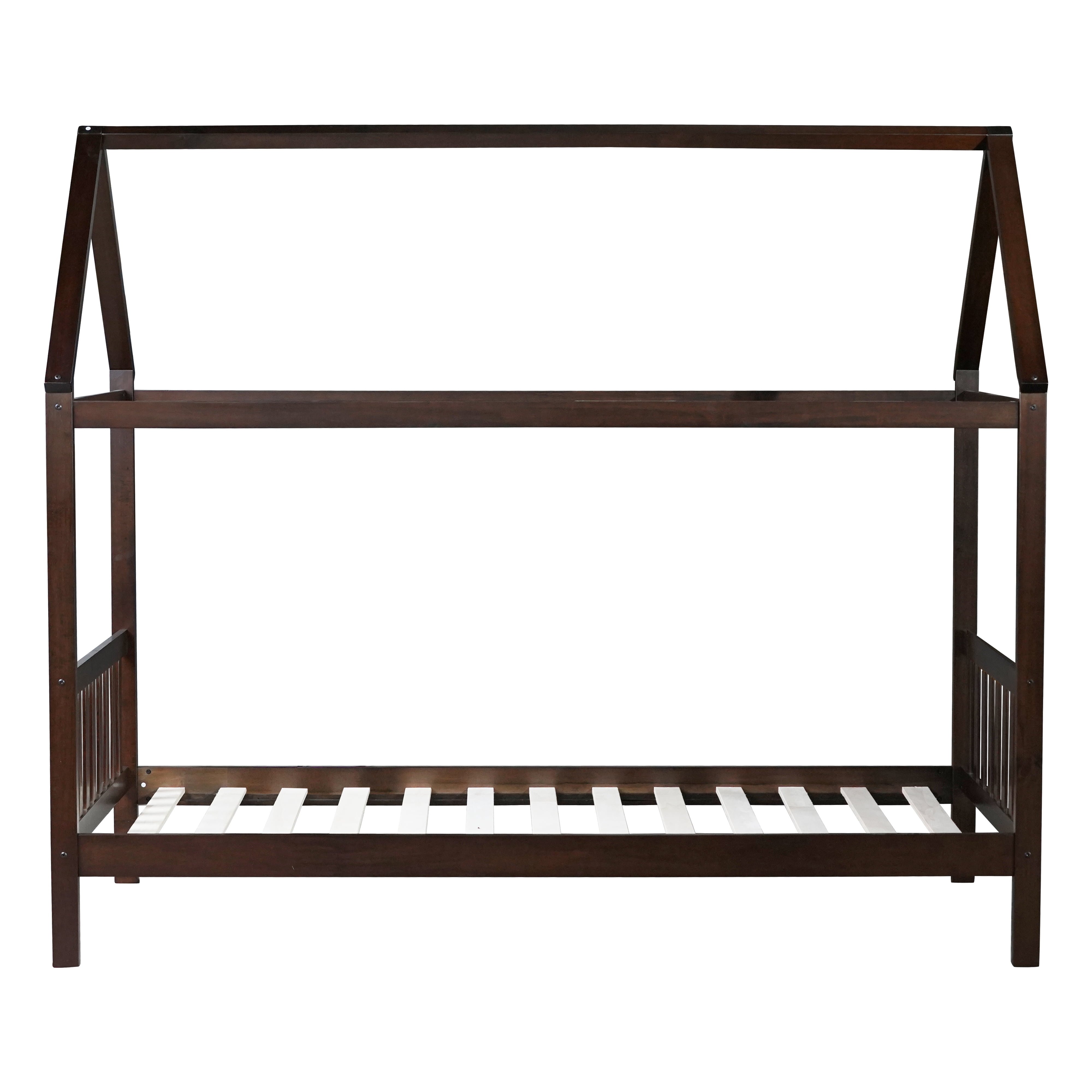 Miniyam Wood Twin Size Bed with House-shaped Design for Kids and Teens, Espresso