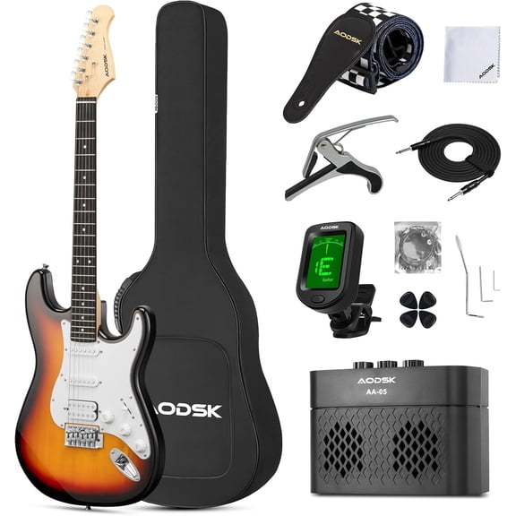 AODSK 39 Inch Full Size Electric Guitar HSS Beginner Kit with Amplifier, Bag, Digital Tuner, Capo, Strap, String, Cable, Picks-AST170-VINTAGE SUNBURST