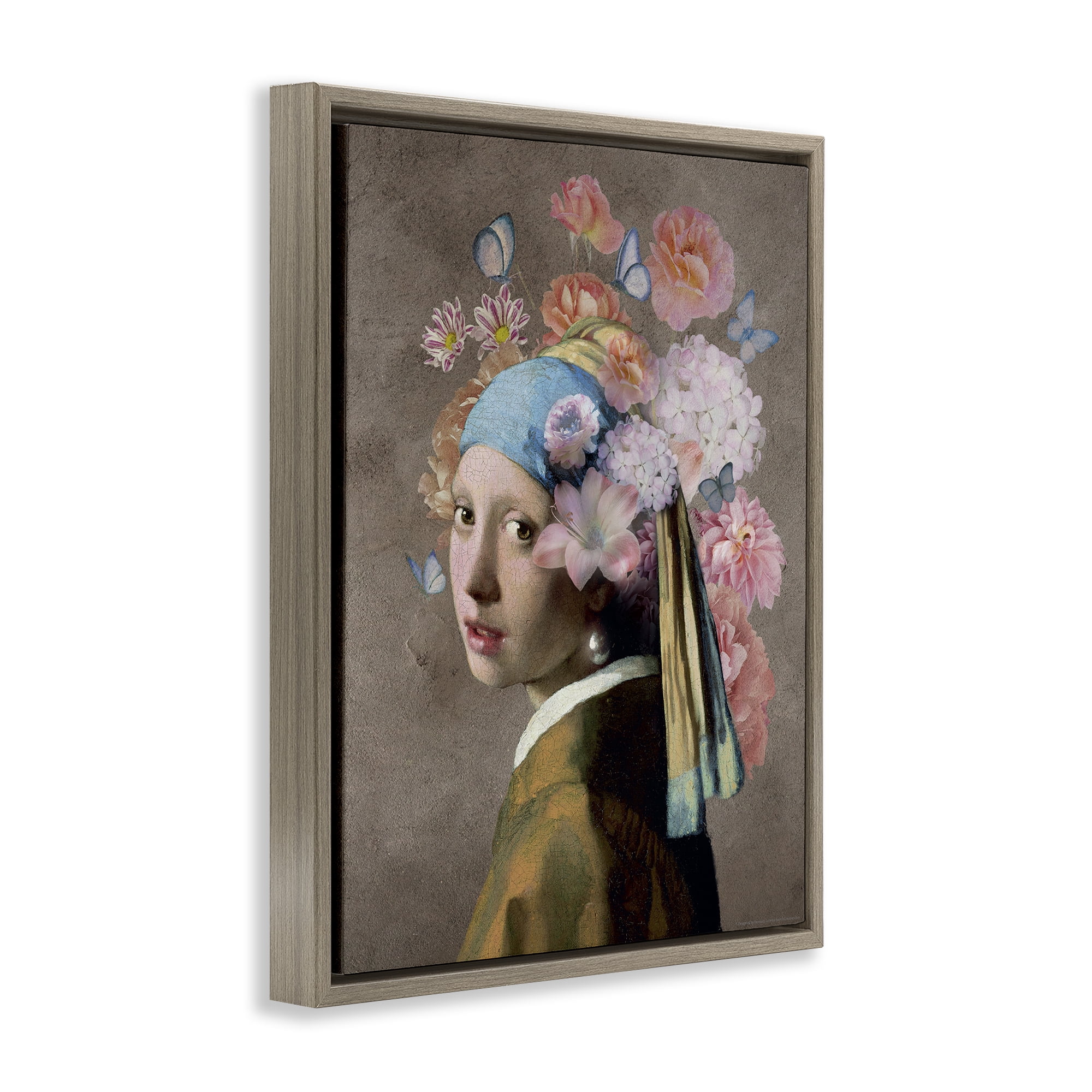 Stupell Industries Classic Portrait with Flowers Plants & Flowers Painting Brown Floater Framed Canvas Art Print Wall Art, 17 x 21