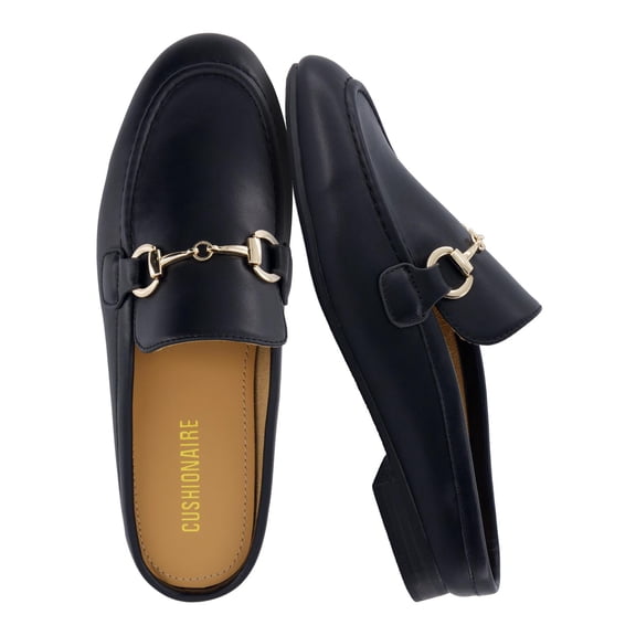 Cushionaire Yummy Slip On Womens Mules, Business Casual Loafers for Women with Low Heel and Metal Chain Detail
