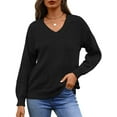 thumbnail image 3 of Women Knit Sweaters Fall V Neck Long Sleeve Pullover Casual Loose Sweater Black M, 3 of 6