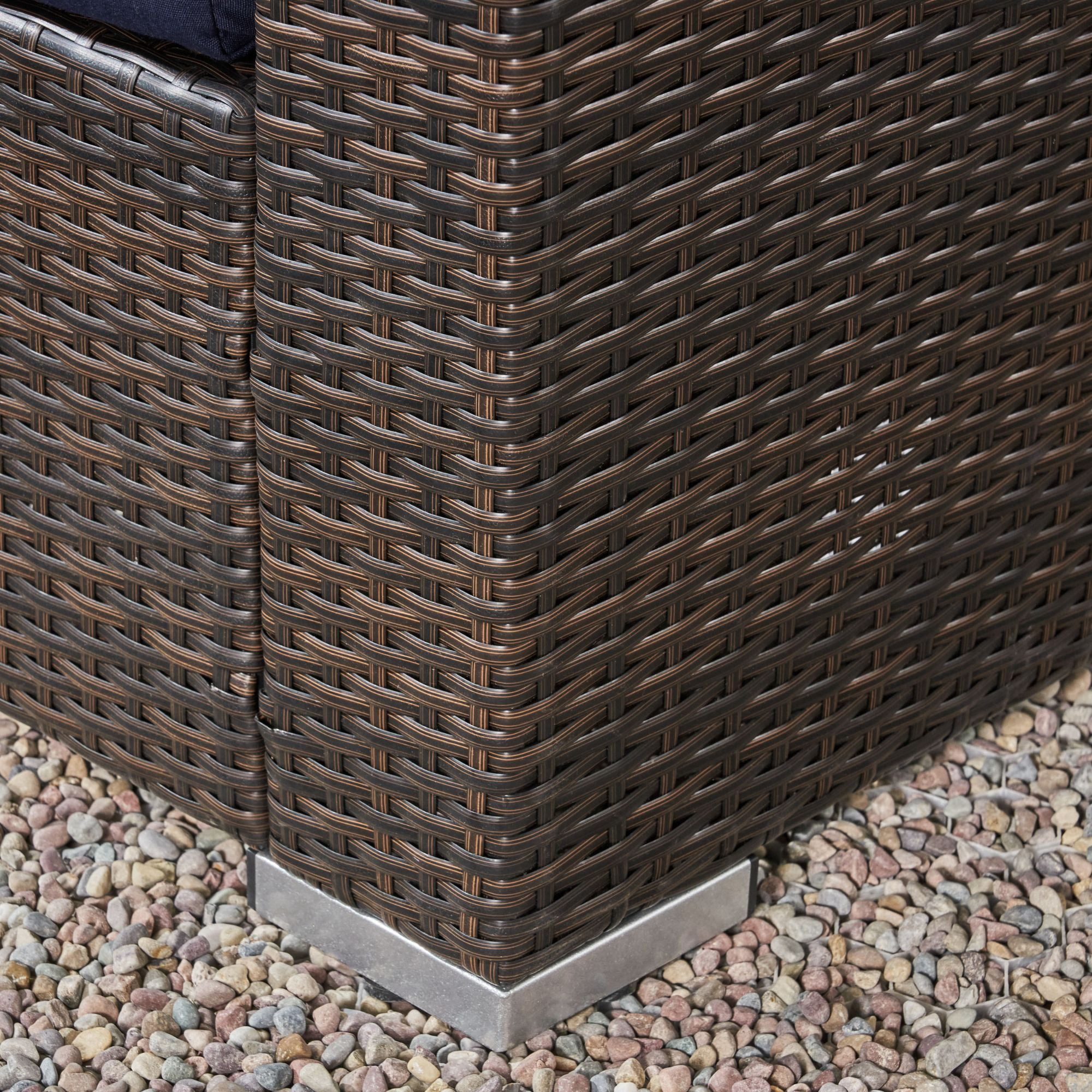6-Piece Brown Wicker Finish Outdoor Furniture Patio Conversation Set - Navy Blue Cushions